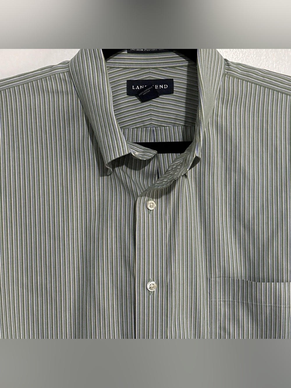 Lands' End Men’s 17.5-36T Green Oxford Dress Shirt Pinpoint Striped Long Sleeve